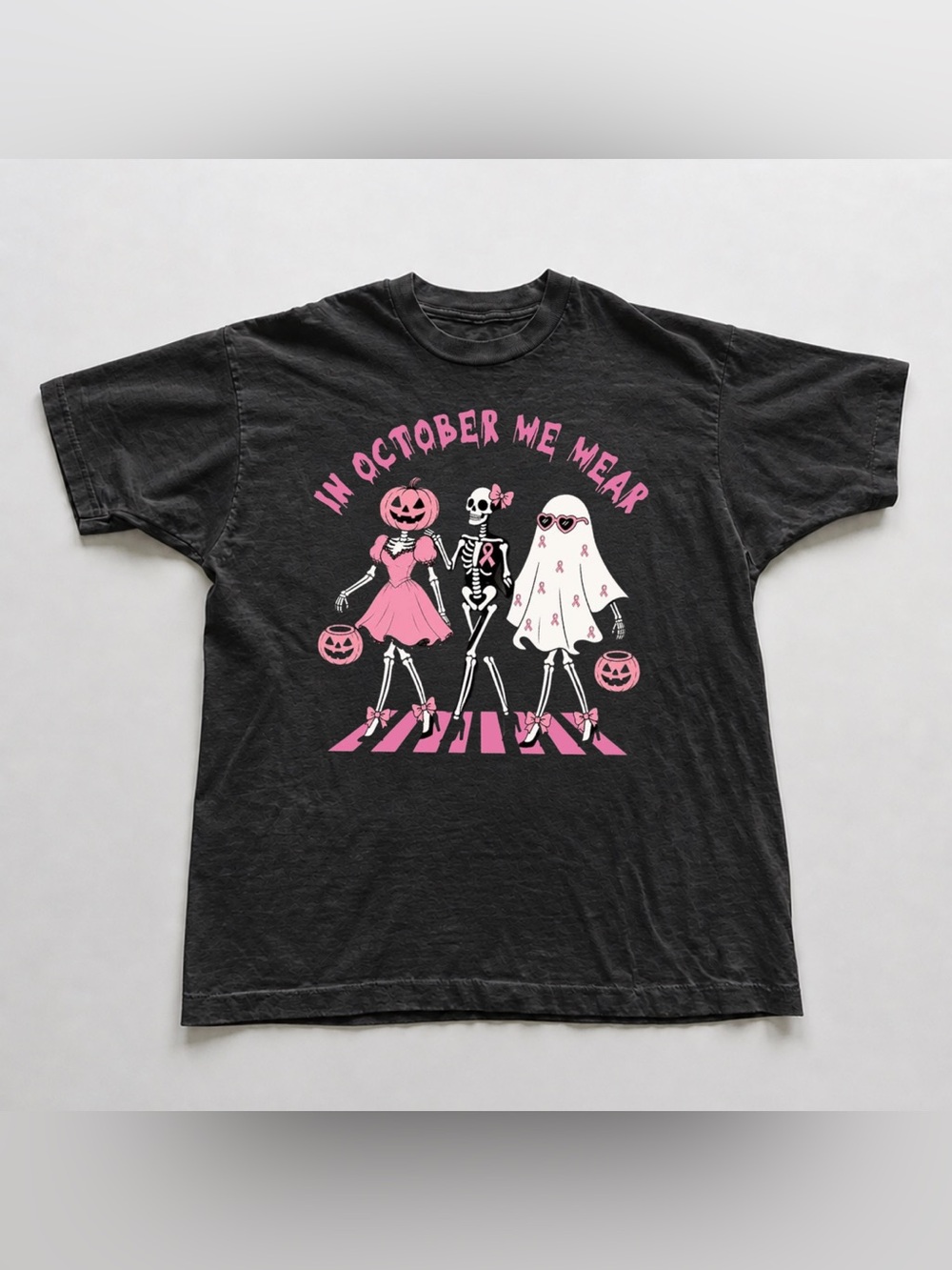 Black Tee with Pink Halloween Skeleton Trio